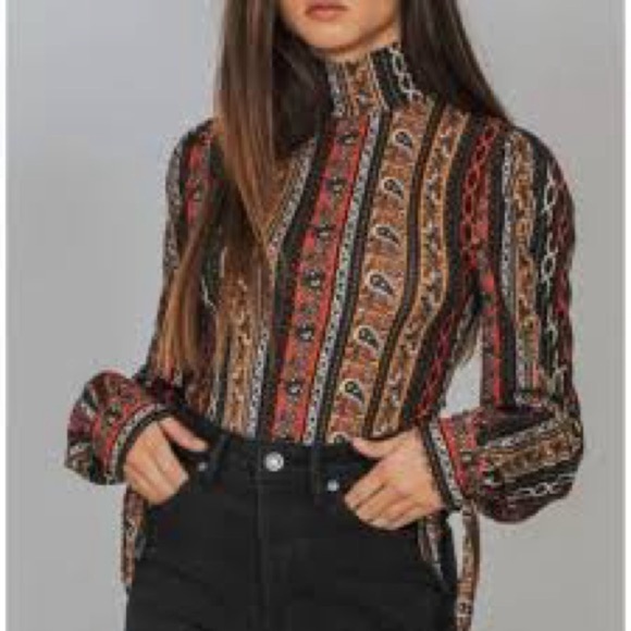 Free People Tops - Free People - Donatella Colorful Paisley Print Bohemian Mock Neck Blouse Size XS